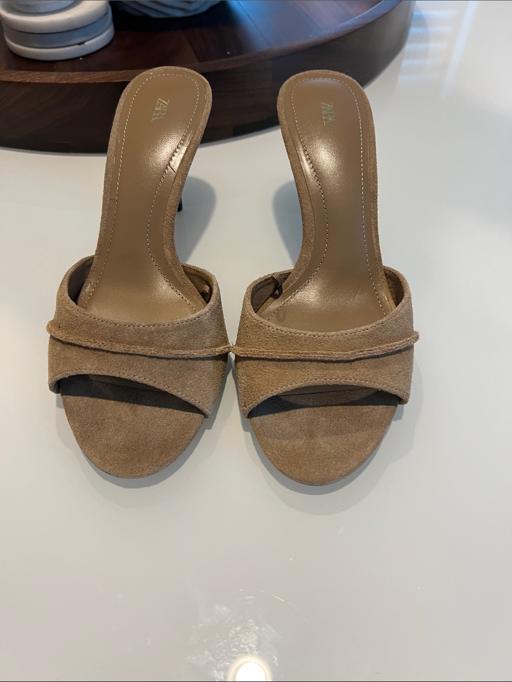 Zara Tan Suede Open-Toe Slide Mules